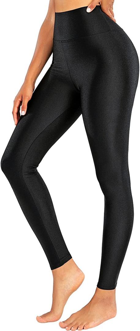 Sghenr Women's High Waisted Yoga Pants Tummy Control Shiny Sports Tights Workout Leggings (Large, Black)