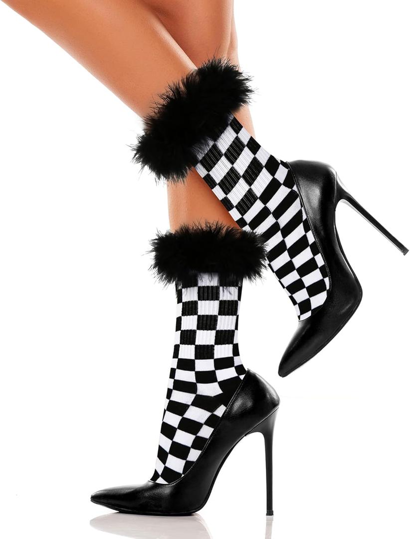 Benefeet Sox Women Plaid Socks Novelty Checked Socks with Feather Top Girls Colorful Feather Crew Socks Crazy Christmas Socks (One Size)