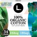 L. Ultra Thin Pads for Women, Organic Cotton Top Layer, Regular + Super Duo Pack Absorbency, Menstrual Pads with Wings, Made Without Synthetic Pesticides and Fragrances, 34 Count