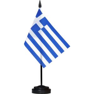 Anley Greece Deluxe Desk Flag Set - 6 x 4 Inch Miniature Greek Desktop Flag with 12" Solid Pole - Vivid Color and Fade Resistant - Black Base and Spear Top