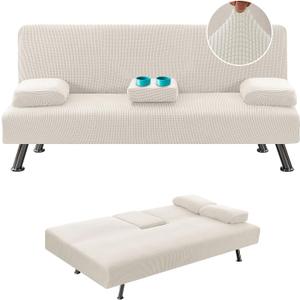 H.VERSAILTEX 4 Pieces Stretch Futon Covers Sofa Bed Slipcover with Removable Armrests and Cupholders Covers Furniture Protector High Spandex Small Checks Jacquard Fabric, Ivory