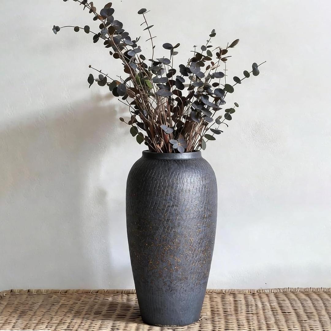 Rustic Ceramic Vase  13.8" Large Black Ceramic Vase for Home Decor, Modern Terracotta Floor Vase for Living Room, Entryway, Kitchen, Black Vases for Centerpieces, Housewarming Gifts (Black and Brown)