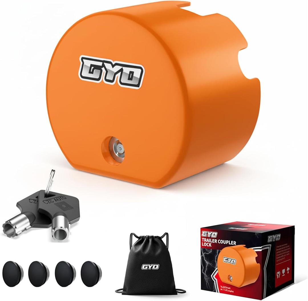 GYO Heavy Duty Trailer Hitch Lock, Universal Trailer Coupler Lock Fits 1-7/8", 2" & 2-5/16" Inch Couplers, Anti Theft Trailer Tongue Lock with 2 Keys & 4 Dust Covers for RV, Boat, Camper