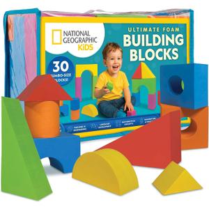 National Geographic Kids Jumbo Foam Blocks 30-Piece Foam Building Blocks for Toddlers & Preschoolers, Soft Stackable Blocks with Storage Bag, Early Learning & Sensory Building Toy