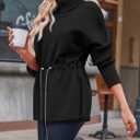 Fisoew Women's Turtleneck Sweatshirts Fleece Drawstring Waist Casual Long Sleeve Pullover Sweater Side Slit Tunic Tops (Black)