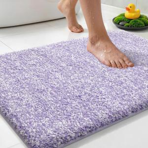 Yimobra Anti-Fatigue Non Slip Bathroom Rugs  Cushioned Dense Elastic Microfiber Bath Mat for Pressure Relief, Comfort for Tired Feet, Soft Absorbent Machine Washable, 24" x 17", Purple and White
