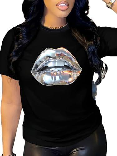 Verdusa Women's Lips Print Summer Goth Short Sleeve Crop Top Crew Neck Graphic Tee S