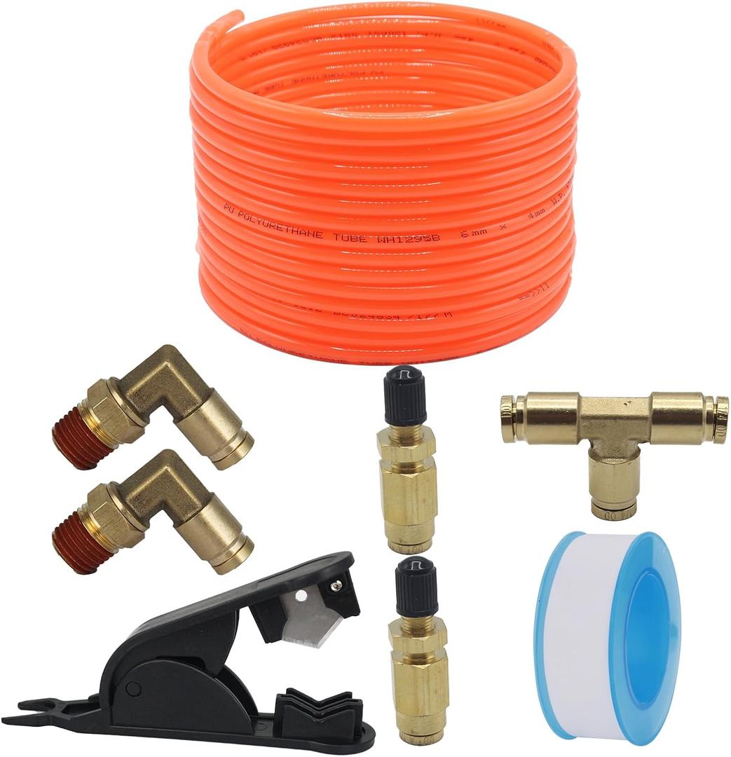 Air Line Service Kit for Air Spring Bag Suspension with Fittings, 20 Feet Air Line Tubing, Valves,1/4 NPT Elbow Fitting,Union Tee, Air Bag Suspension Kit Replacement Components, Red