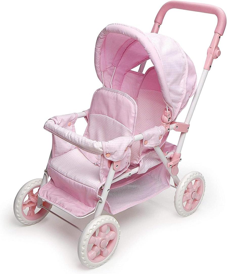 Badger Basket Double Front to Back Stroller for Dolls - Lightweight Foldable Toy Pram with Gingham Fabric Canopy and Storage Basket  Fun Pretend Play for Kids Ages 3 and Up - Pink