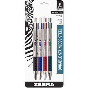 Zebra Pen F-301 Ballpoint Black, Blue, Red and Green Ink, Fine Point 0.7mm Pen, Easy-Glide Ink, Stainless Steel Retractable, Non-Slip Grip, Professional Design, Ideal for Office, 4-Pack (27174)