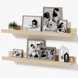 24inch Floating Picture Ledge Shelves 2-Pack, Oak Wall Mounted Shelves with Lip for Nursery, Kids Room, Living Room & Bedroom, Sturdy Floating Book Shelves for Photo Frames & Decor