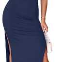 Oten Womens Spaghetti Strap Sleeveless Maxi Dresses with Built in Bra Tie Front Cutout Side Slit Club Party Long Dress (Medium, Navy Blue)