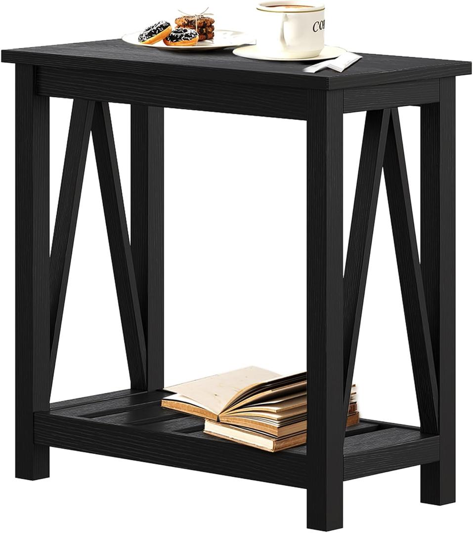 ChooChoo Farmhouse End Table, Narrow Side Table, Slim End Table with Storage Shelf for Small Spaces, Rustic Nightstand, for Living Room, Bedroom Black, 1 Pack