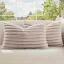 DecorUhome Cozy Faux Fur Throw Pillow Covers 12x20 Set of 2 Decorative Soft Plush Striped Lumbar Modern Farmhouse Boho Couch Pillow Cases with Velvet Back for Sofa Bed Living Room, Tan