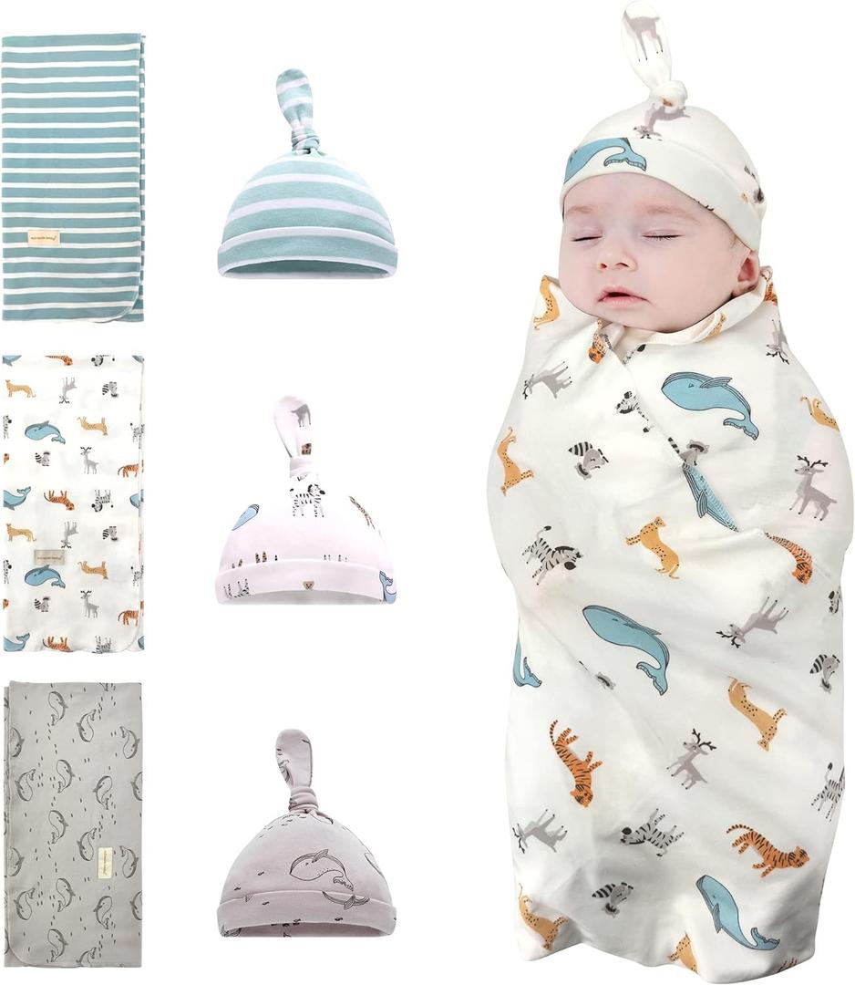 Newborn Swaddle and Hat Set 6 Pack 100% Cotton Knitted Baby Receiving Blankets 35" x 35" Soft Unisex Swaddle Wrap for Girls and Boys (Whale+Elk+Green Stripes)
