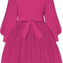 Toddler Girl Tulle Dress Puff Long Sleeves Tutu Dresses with Tie Belt for Princess Brithday Party 3T-4T