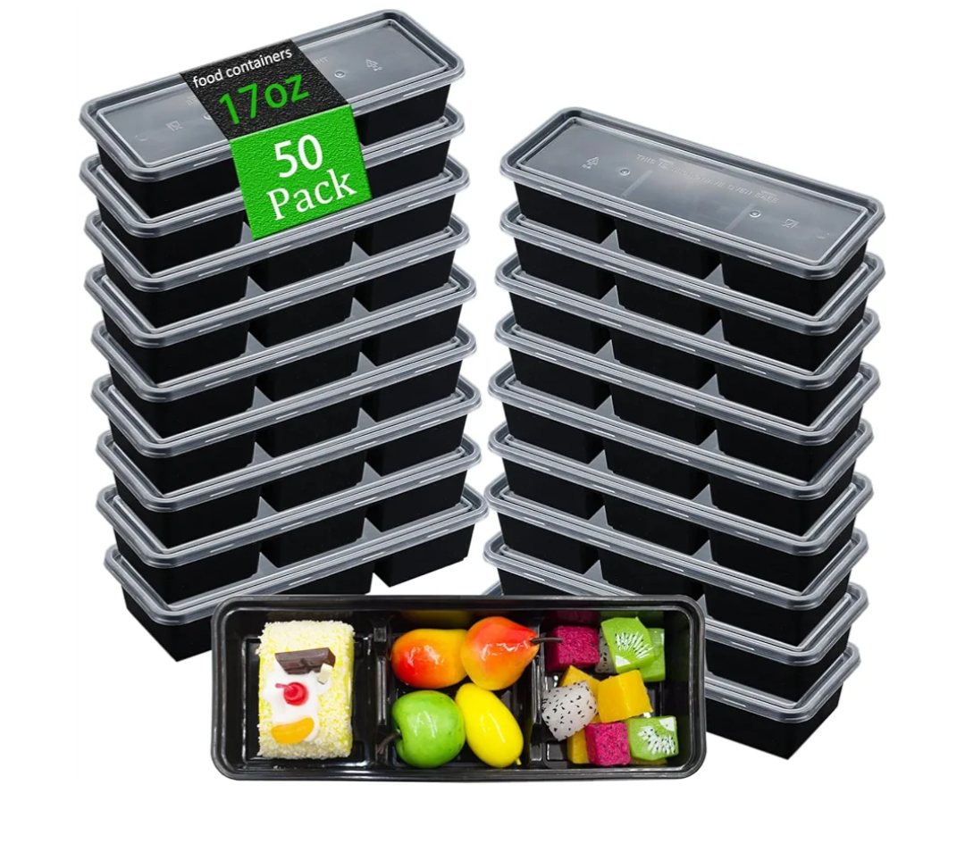 50 Pack 17 Oz Meal Prep Containers with 3 Compartments with lids,Disposable Plastic Bento Boxes Stackable Food Containers Snack,Dessert,Travel Lunch Boxes for Office,Picnic,Microwave Safe (50)