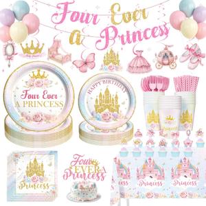 Four Ever A Princess Birthday Decorations, 193 PCs Princess Party Decoration Tableware Supplies with Balloons, Banners, Cake Toppers, Tablecloths, Plates, Cups, Straws, Forks & Hanging Swirls