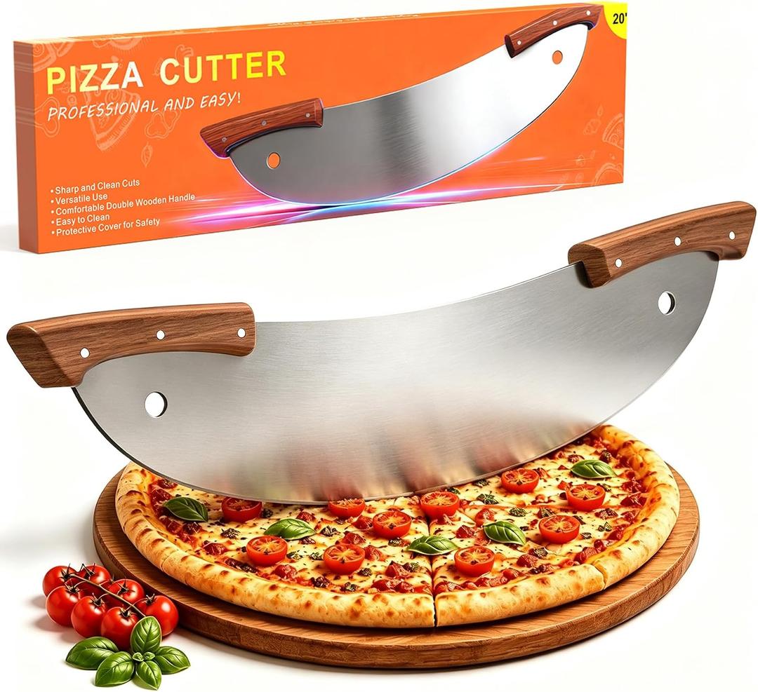 20-Inch Pizza Rocker Blade Cutter, Stainless Steel with Double Wooden Handles, Professional Pizza Slicer (Silver)