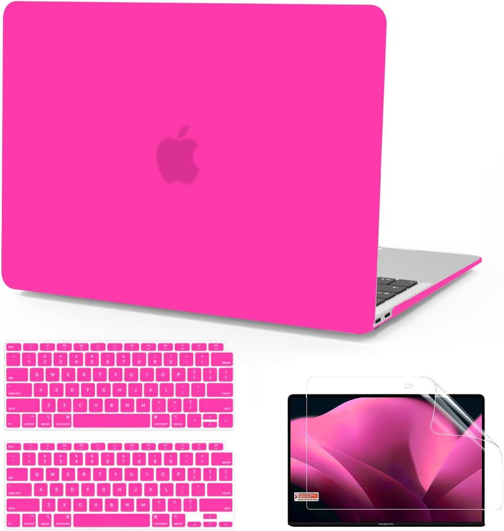 Anban Compatible with MacBook Air 13 inch Case M1 2022 2021 2020 2019 2018 Release A2337 A2179 A1932 Touch ID, Matte Plastic Laptop Hard Shell Case & 2 Keyboard Cover & Screen Protector, Hot Pink