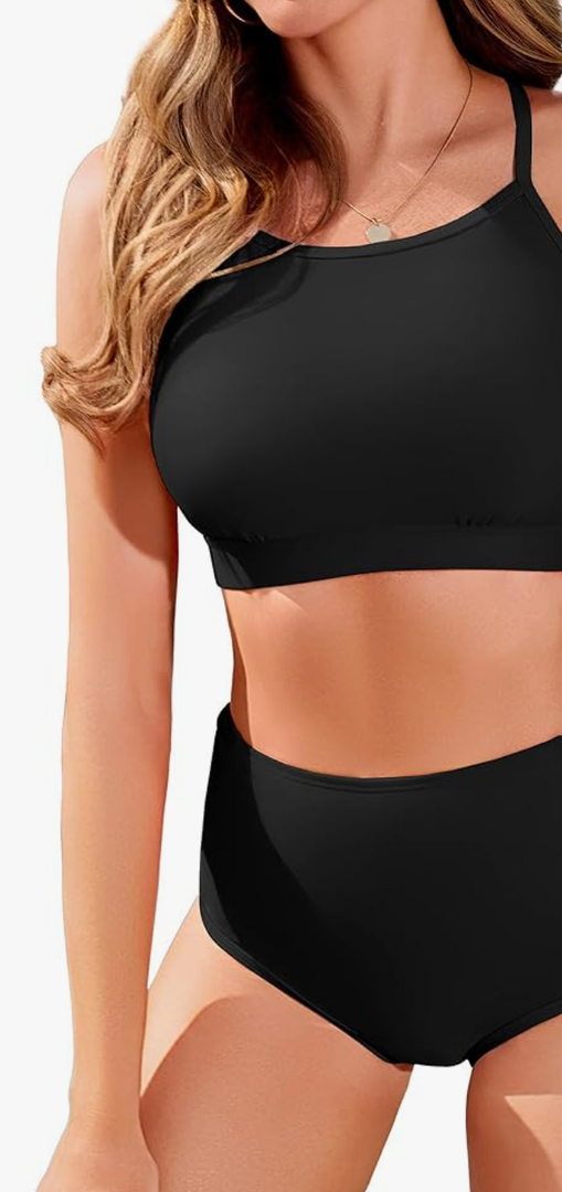 Women's High Waisted Bikini Sets Sporty Two Piece Swimsuit Tummy Control Bathing Suit with Pockets L