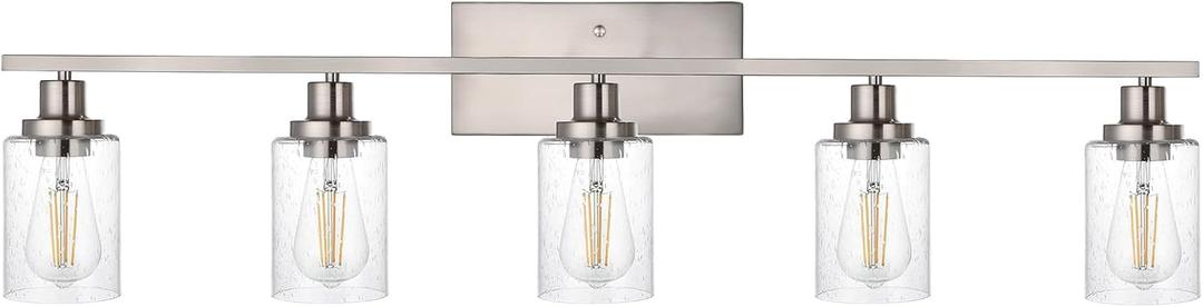 40-Inches Length Bathroom Vanity Lighting Fixtures Over Mirror in Brushed Nickel, 5-Lights Industrial Sconce Wall Lamp with Seeded Glass Shades