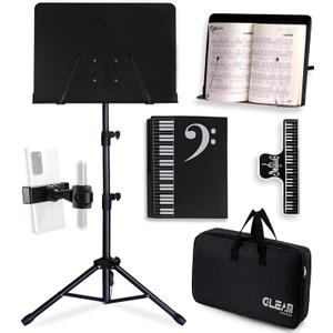 GLEAM Sheet Music Stand - Full Metal with Carrying Bag, Phone Holder, Sheet Music Folder and Clip, 5 in 1 Desktop Book Stand