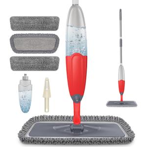 HOMTOYOU Dust Mop for Hardwood Floors: Microfiber Spray Mop for Cleaning Laminate Wood Tile Home Kitchen - 3 Washable Reusable Pads & 1Pcs 400+ML Refillable Bottle (Red)