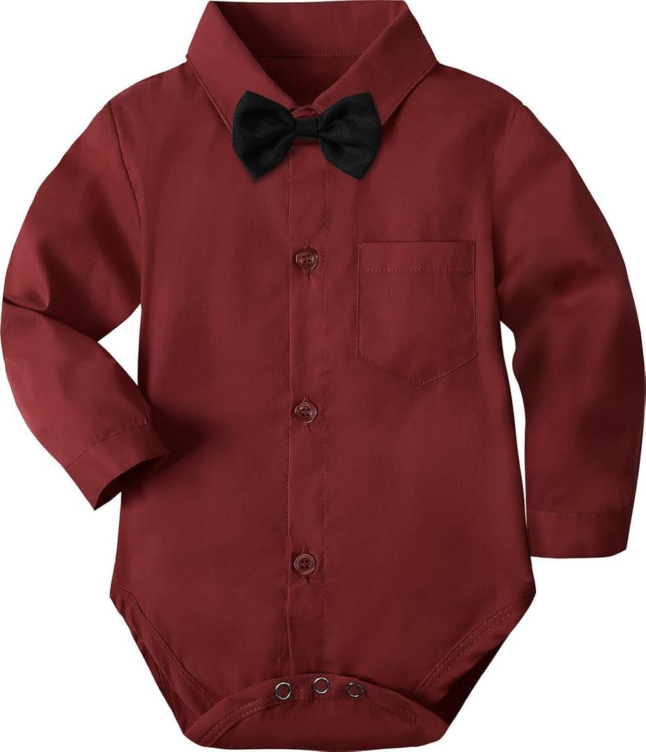A&J DESIGN Wine Red Baby Boy Dress Shirt Infant Formal Christmas Wedding Romper Gentleman Long Sleeve One Piece Bodysuit with Bowtie 3-6 Months Burgundy
