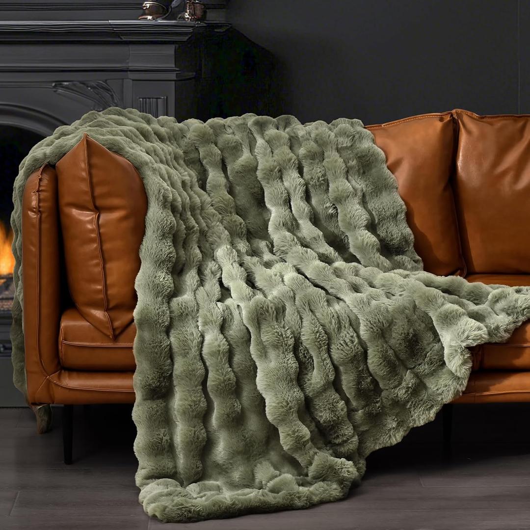 PHF Ultra Soft Cozy Warm Faux Fur Throw Blanket, 50"x60", Olive Green | Luxury Fluffy Plush Bubble Blanket for Bed, Couch, Chair, Sofa Decorative, Thick Reversible Throw Suitable for Fall & Winter