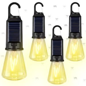 4 x 4 Pcs Solar Mosquito Repellent Camping Lantern with Yellow Light, Mosquito-reducing Rechargeable LED Bulb, 3 Different Modes, Portable Hanging Tent Light with Hook for Camping Hiking(T02)