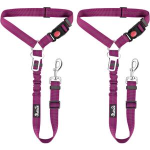 SlowTon Dog Seat Belt, 2 Pack Harness Seatbelt Adjustable With Elastic Bungee Buffer, 2 in 1 Pet Car Leash Headrest Restraint Reflective Safety Tether (Fushia, Dual Restraint)