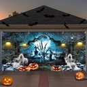Halloween Garage Door Cover 7x16ft Scary Cemetery Graveyard Skull Ghost Backdrop Large Garage Buddy Halloween Banner Decorations Murals Outdoor Home Yard Photo Background