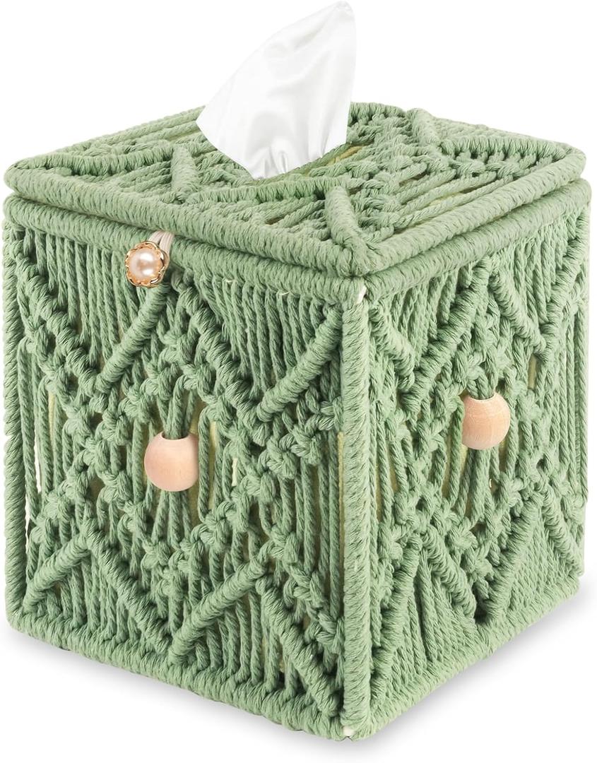 Handmade Tissue Box Cover Decorative Macrame Boho Square Tissue Holder Cotton Rope Woven Napkin Facial Paper Organizer Bohemian Desk Storage Container with Buckle Wood Beads (Light Green)