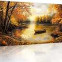 SERIMINO Fall Landscape Large Canvas Wall Art Living Room, Lake Boat Forest Art Prints, Autumn Scenery Nature Decor Pictures, Rustic Gold Paintings Wall Decor Bedroom, Office Decoration 24"X48" (48L" x 24W", Golden Forest Lake Scenery)