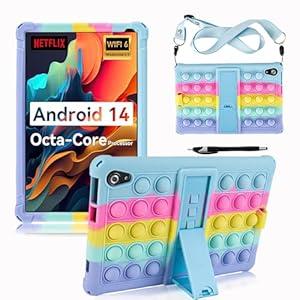 GIVEITALL for Urao 10.1 inch Tablet Case 2024, Bubble Cartoons Silicone Kids Case for Jeazans OC101/ HiGrace C107/ Zofywnas/ Freeski/ Pswarfd Tablet with Stand & Shoulder Strap & Stylus Pen (Light Blue)