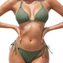 Women's Triangle Bikini Sets Two Piece Double Straps Halter Swimsuit Tie Side String Cheeky Bathing Suits (Small, Army Green)