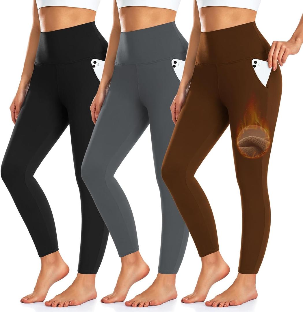 3 Pack Fleece Lined Leggings Women with Pockets -Warm Winter Yoga Pants for Women Thermal Running Workout Leggings (Small-Medium, Black/Grey/Brown)
