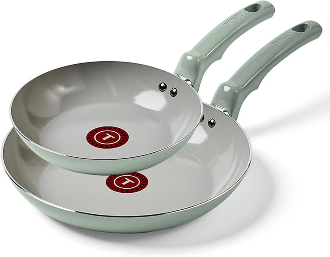 T-Fal Refresh Ceramic Nonstick Frying Pan 2-Pc Set, 8" & 10", Oven Broiler Safe up to 350F Cookware, Ceramic Frying Pan Skillet, Pots & Pans, Mint Green