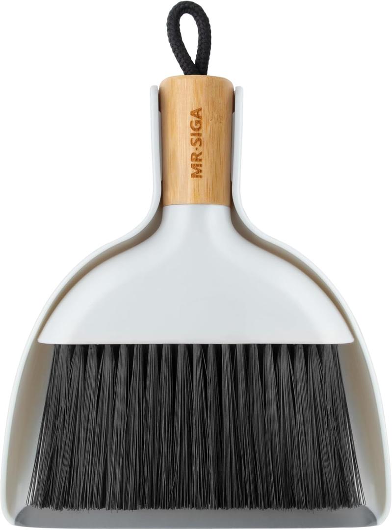 MR.SIGA Mini Dustpan and Brush Set, Portable Cleaning Brush and Dustpan Combo with Bamboo Handle, 1 Set (White)