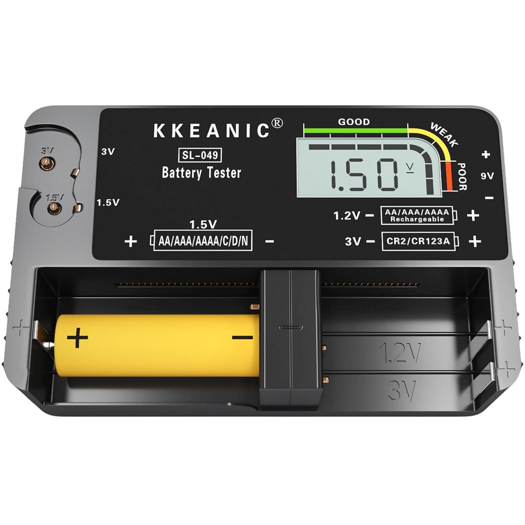KKEANIC Battery Tester SL-049 - Professional Digital Battery Checker with LCD Display for Household AA, AAA, AAAA, C, D, 9V, CR123A, 1.2V Rechargeable, Button Cells. Compact. Load-Tested. Clear