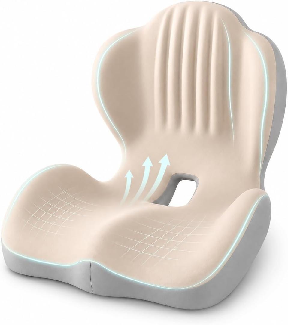 Saker Ergonomic Memory Foam Seat Cushion with Back Support, 2-in-1 Coccyx Cutout Chair Pad for Office, Car, Gaming Chair and Wheelchair, Contoured Lumbar Support for Long Sitting (Beige)