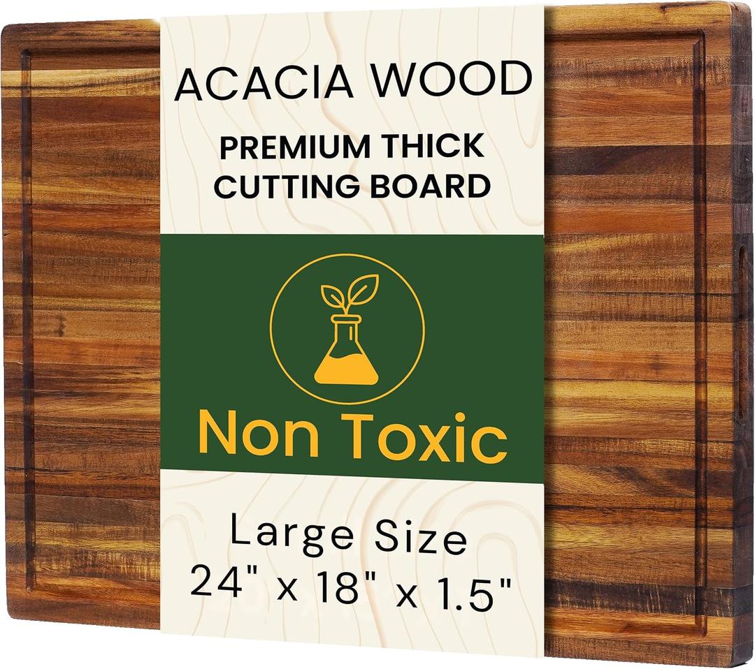 Premium Acacia Wood Cutting Board, 24" x 18" x 1.5" Thick Butcher Block for Meat, BBQ, Brisket & Meal Prep, Deep Juice Groove, Solid Hardwood, Non Toxic, BPA/Plastic Free by New M Way, 24"L x 18.1"W