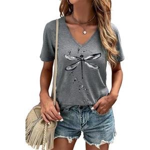 Women's T-Shirt V-Neck Graphic Tees Vintage Boho Flowers Shirt Summer Casual Plant Short Sleeve Tshirt Tops (Large, Gray1)