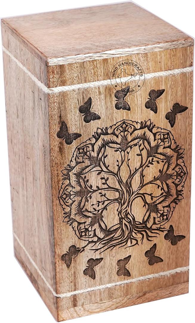 Handcrafted Tree of Life Wooden Urns for Human Ashes Adult Large - Butterfly Cremation Urn for Ashes - Burial Urn for Columbarium - Funeral Urn Box - 250 LB