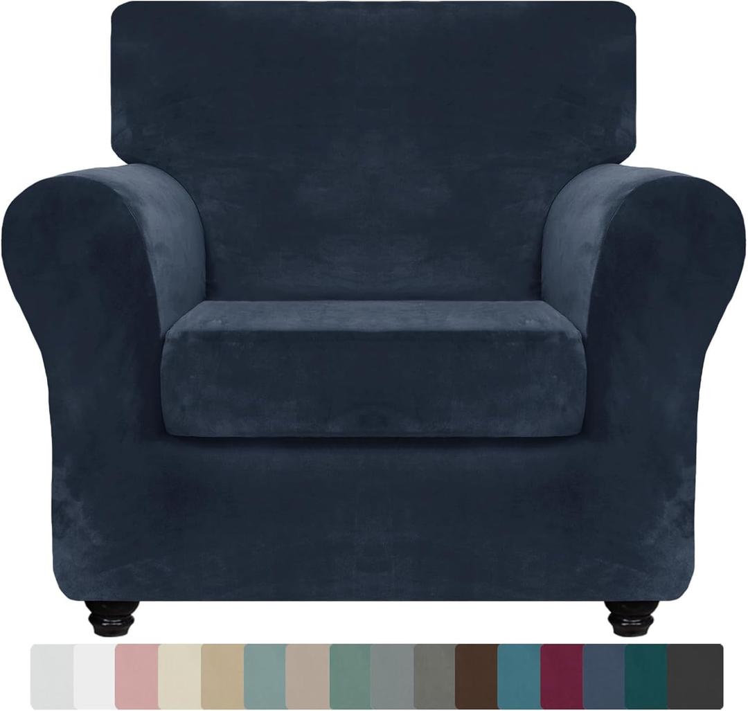 ZNSAYOTX Luxury Velvet Chair Slipcovers with Arms 2 Piece Stretch Chair Covers for Living Room Thick Soft Armchair Slipcover Anti Slip Pet Friendly Furniture Protector (Navy Blue),30"-47"(1 Cushion)