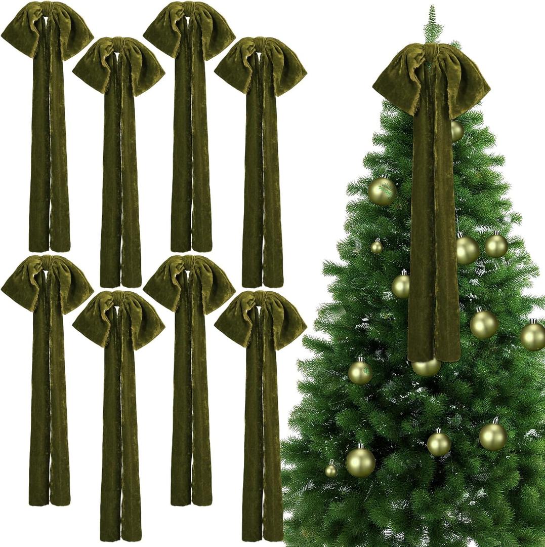 8 Pcs Extra Large Valentines Day Velvet Bows, 17.7 x 8.7 Vintage Raw Edge Ribbon Swag Bows for Romantic Home Decor, Door Wall Mantel Hanging Decorations(Olive Green,8.7 x 17.7 x 3 In)