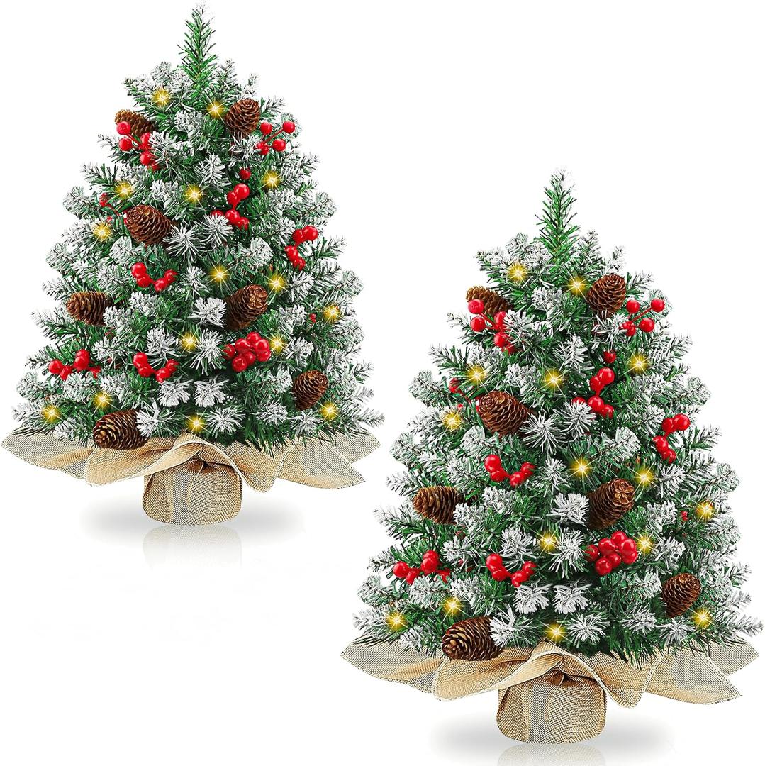 2 Pack 24 Inch Snow Flocked Christmas Tree Decor with 50 Warm Lights Timer Battery Operated Red Berries Pine Cones for Tabletop Christmas Decorations Home Indoor (Style 2)