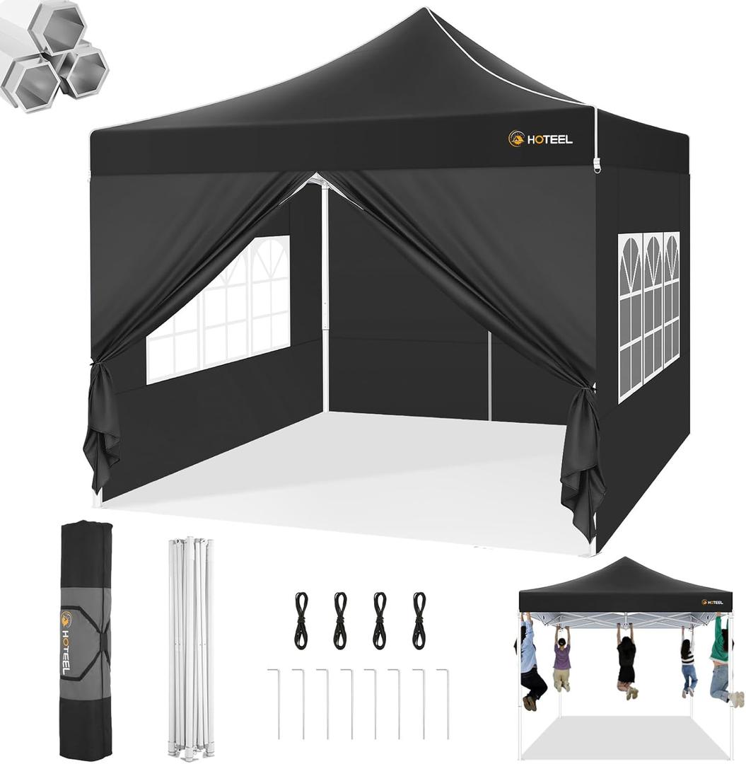 Hoteel 10x10 Pop Up Canopy Tent Heavy Duty with 4 Sidewalls, Waterproof Party Tent, Easy Set-up Commercial Instant Tents with Hand Bag & Rope & Nail, Hexagonal Leg