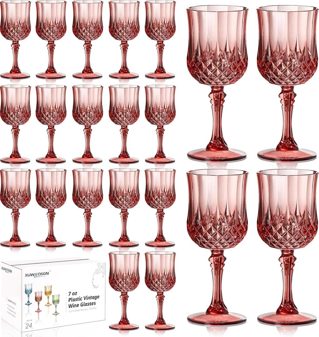 XUWAIDSGN 7oz Plastic Vintage Rose Gold Drinking Glasses Pink Wine Glasses Unbreakable Wedding Glassware Crystal Water Goblets Reusable Drinkware Vintage Champagne Flutes (24, Rose Gold)